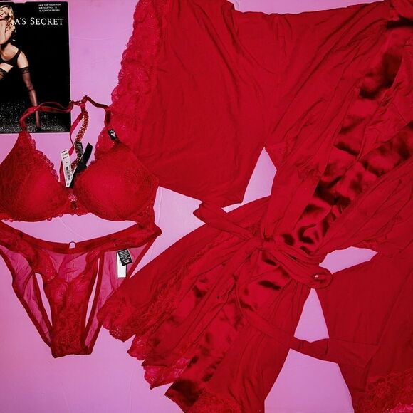 Victoria's Secret 34B BRA SET+S,M cutout panty+M/L ROBE RED lace chain HEAVENLY
